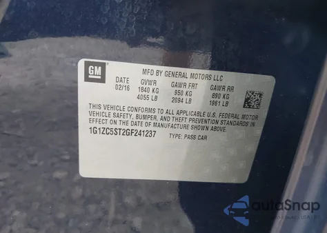 2016 Chevrolet Malibu 1Fl z USA, uszkodzony, nr VIN 1G1ZC5ST2GF241237